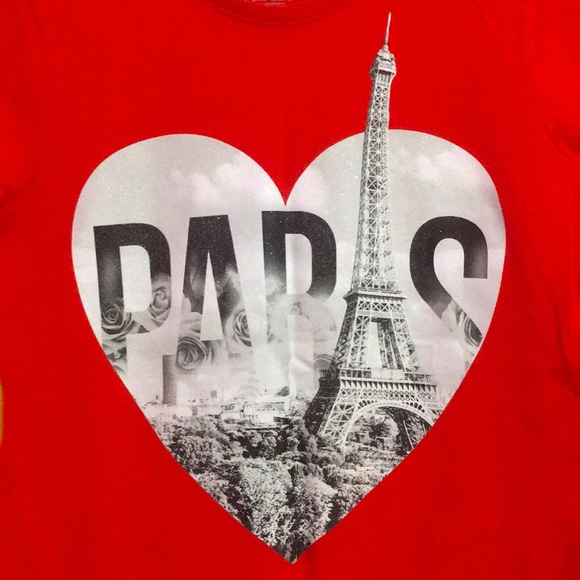 GIRLS RED T-SHIRT WITH SILVER GLITTER PARIS HEART - Picture 3 of 5